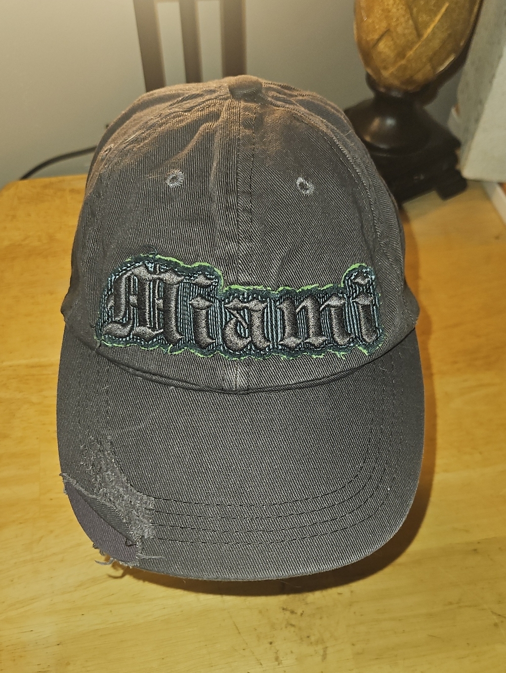 DistressedMiami Embroidered Baseball Cap - with Leather Strap